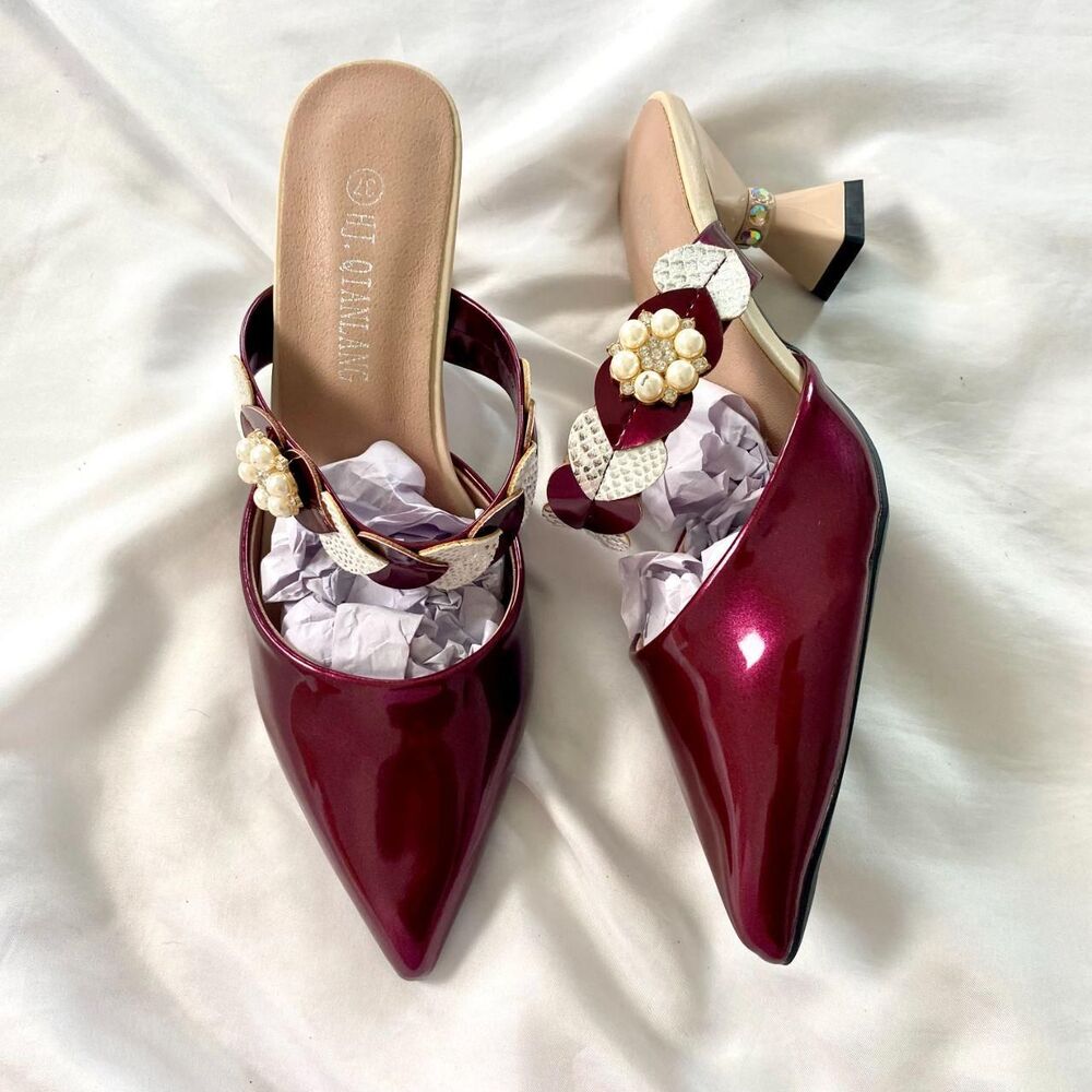 Vampy Bratty Burgundy Faux Patent Shiny Heart Strap Rhinestone Kitten heels